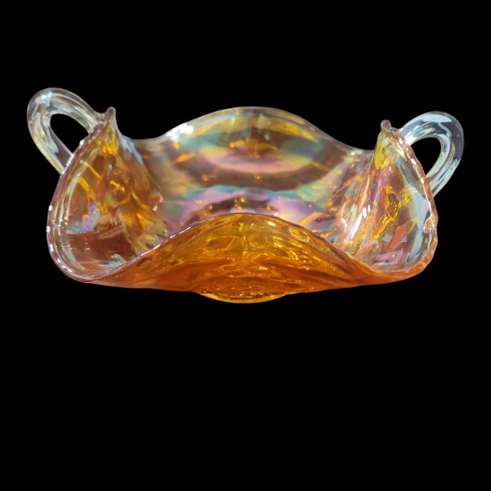 Fenton collectible Iridescent Orange Glass Dish with Handles